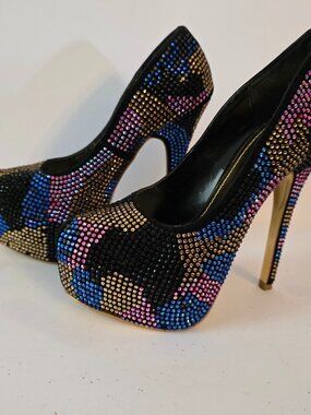 Shiekh Women's 082 Platform Heels, Rhinestones, Stiletto Heel, Size 7